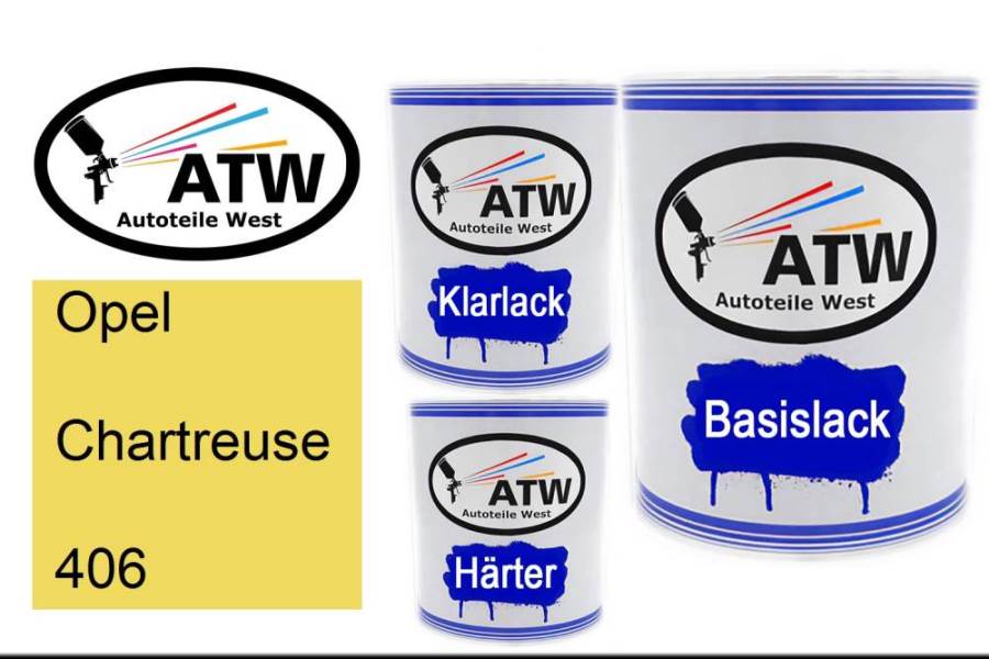 Opel, Chartreuse, 406: 1L Lackdose + 1L Klarlack + 500ml Härter - Set, von ATW Autoteile West.