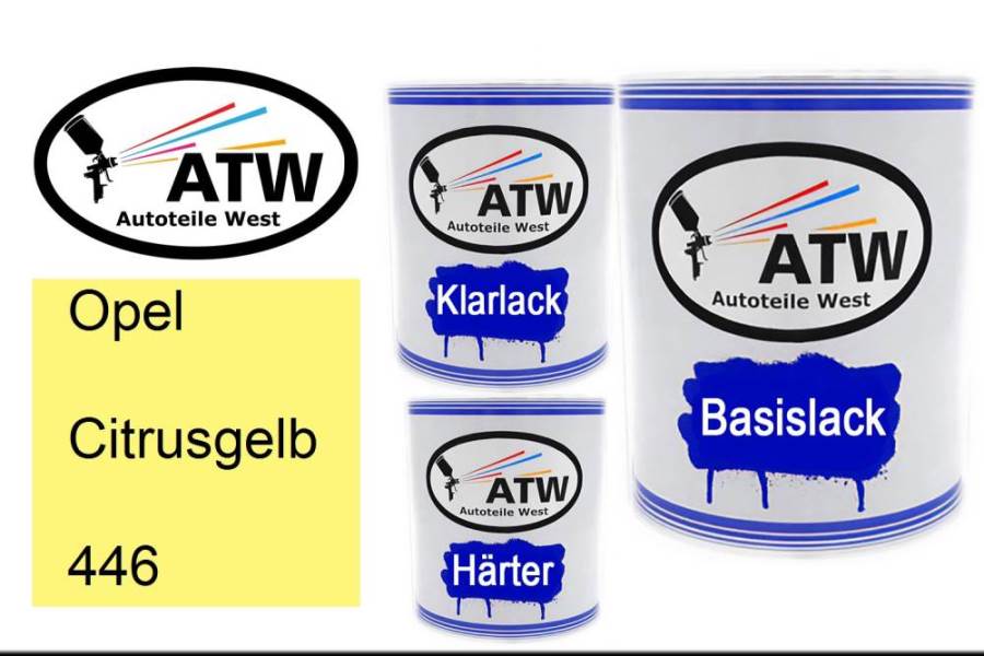 Opel, Citrusgelb, 446: 1L Lackdose + 1L Klarlack + 500ml Härter - Set, von ATW Autoteile West.