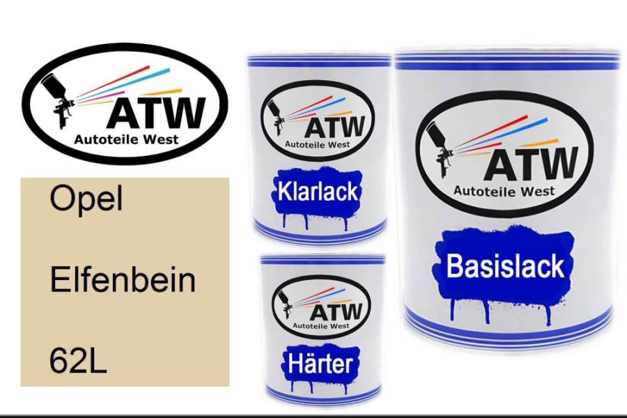 Opel, Elfenbein, 62L: 1L Lackdose + 1L Klarlack + 500ml Härter - Set, von ATW Autoteile West.
