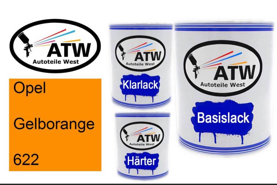 Opel, Gelborange, 622: 1L Lackdose + 1L Klarlack + 500ml Härter - Set, von ATW Autoteile West.