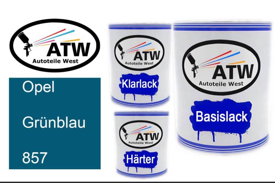Opel, Grünblau, 857: 1L Lackdose + 1L Klarlack + 500ml Härter - Set, von ATW Autoteile West.