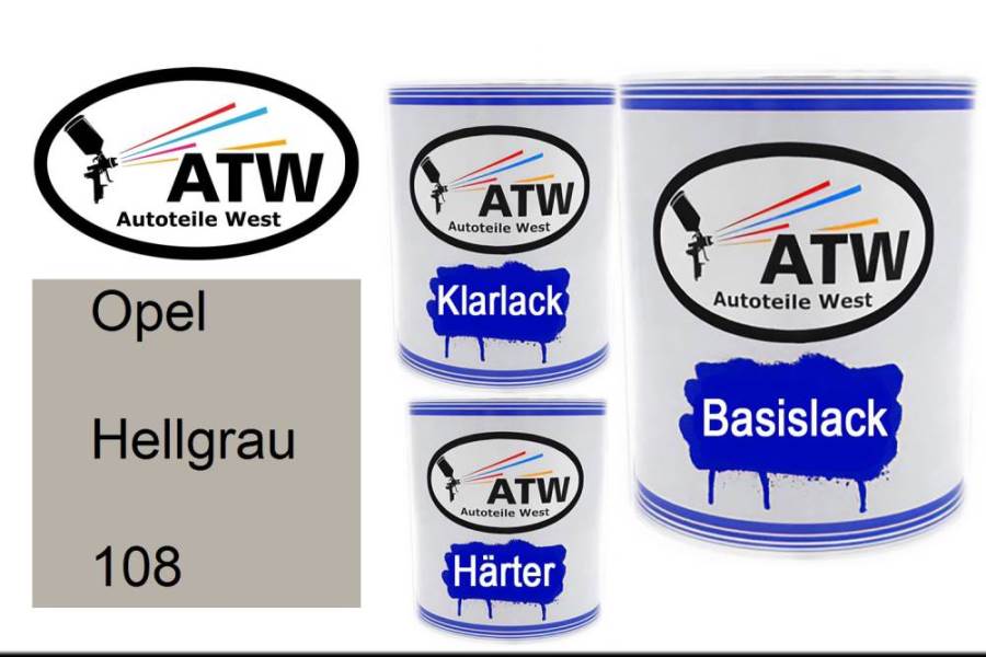 Opel, Hellgrau, 108: 1L Lackdose + 1L Klarlack + 500ml Härter - Set, von ATW Autoteile West.