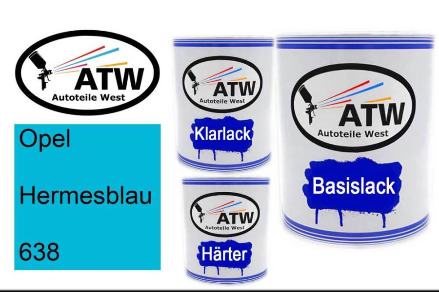 Opel, Hermesblau, 638: 1L Lackdose + 1L Klarlack + 500ml Härter - Set, von ATW Autoteile West.