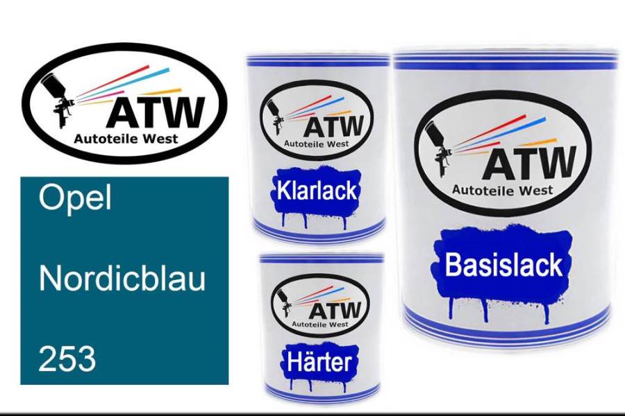 Opel, Nordicblau, 253: 1L Lackdose + 1L Klarlack + 500ml Härter - Set, von ATW Autoteile West.