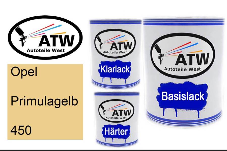 Opel, Primulagelb, 450: 1L Lackdose + 1L Klarlack + 500ml Härter - Set, von ATW Autoteile West.