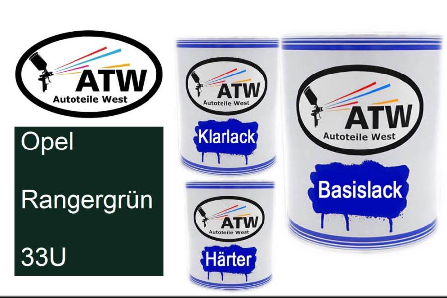 Opel, Rangergrün, 33U: 1L Lackdose + 1L Klarlack + 500ml Härter - Set, von ATW Autoteile West.