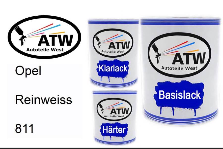 Opel, Reinweiss, 811: 1L Lackdose + 1L Klarlack + 500ml Härter - Set, von ATW Autoteile West.