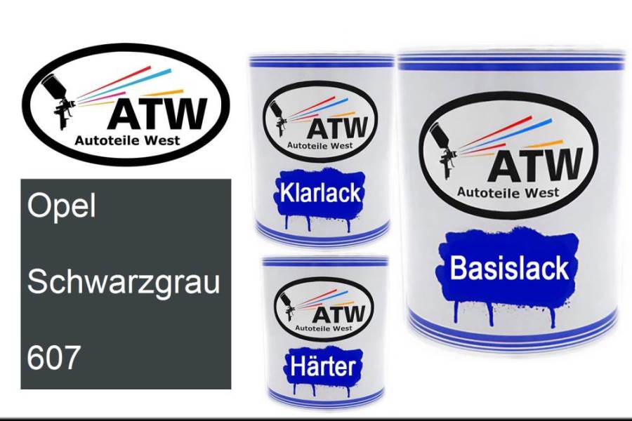Opel, Schwarzgrau, 607: 1L Lackdose + 1L Klarlack + 500ml Härter - Set, von ATW Autoteile West.