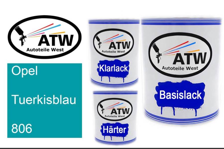 Opel, Tuerkisblau, 806: 1L Lackdose + 1L Klarlack + 500ml Härter - Set, von ATW Autoteile West.