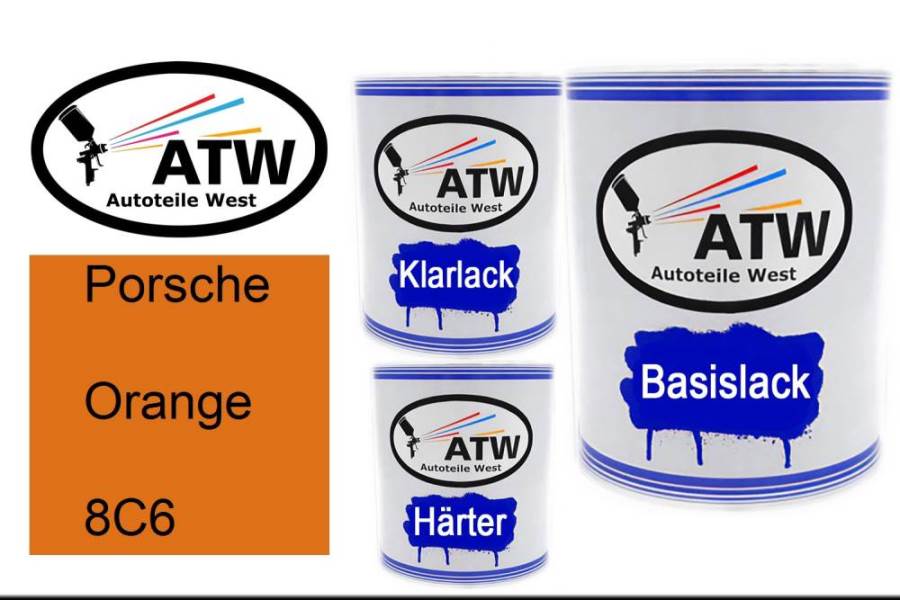 Porsche, Orange, 8C6: 1L Lackdose + 1L Klarlack + 500ml Härter - Set, von ATW Autoteile West.
