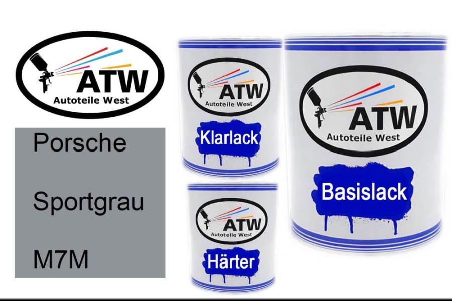 Porsche, Sportgrau, M7M: 1L Lackdose + 1L Klarlack + 500ml Härter - Set, von ATW Autoteile West.