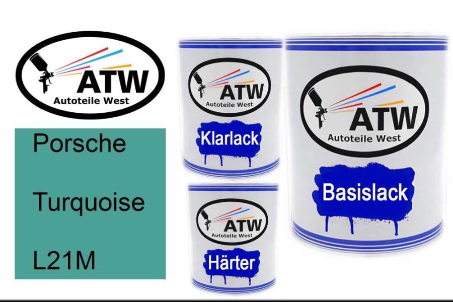 Porsche, Turquoise, L21M: 1L Lackdose + 1L Klarlack + 500ml Härter - Set, von ATW Autoteile West.