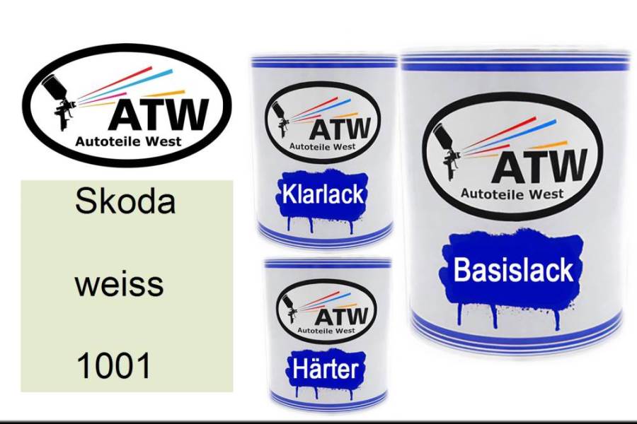 Skoda, weiss, 1001: 1L Lackdose + 1L Klarlack + 500ml Härter - Set, von ATW Autoteile West.