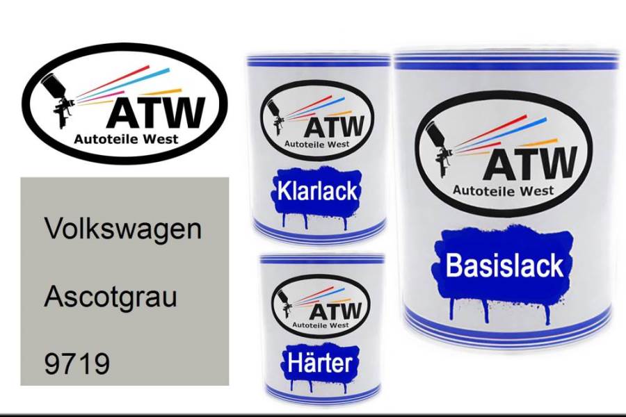 Volkswagen, Ascotgrau, 9719: 1L Lackdose + 1L Klarlack + 500ml Härter - Set, von ATW Autoteile West.