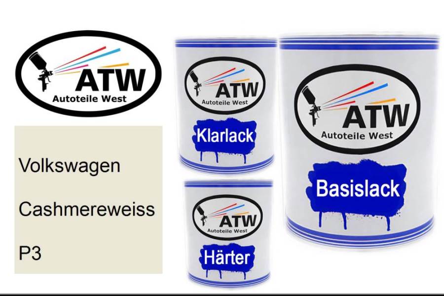 Volkswagen, Cashmereweiss, P3: 1L Lackdose + 1L Klarlack + 500ml Härter - Set, von ATW Autoteile West.