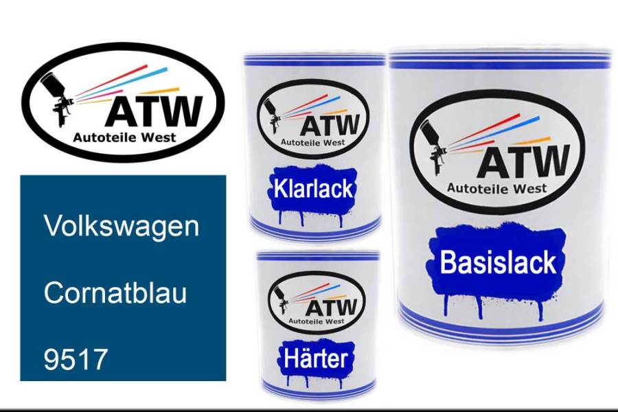 Volkswagen, Cornatblau, 9517: 1L Lackdose + 1L Klarlack + 500ml Härter - Set, von ATW Autoteile West.