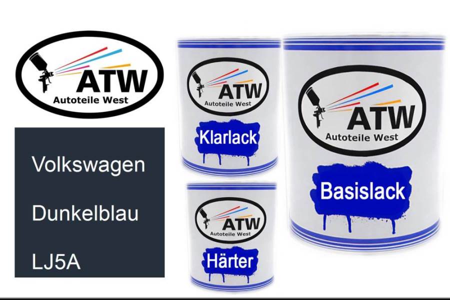 Volkswagen, Dunkelblau, LJ5A: 1L Lackdose + 1L Klarlack + 500ml Härter - Set, von ATW Autoteile West.