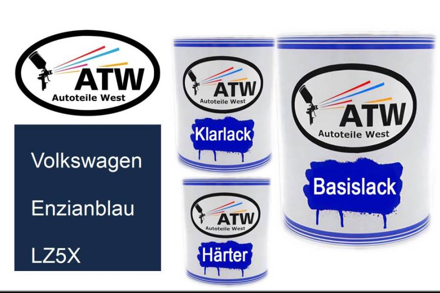 Volkswagen, Enzianblau, LZ5X: 1L Lackdose + 1L Klarlack + 500ml Härter - Set, von ATW Autoteile West.