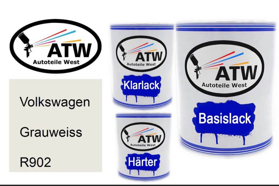 Volkswagen, Grauweiss, R902: 1L Lackdose + 1L Klarlack + 500ml Härter - Set, von ATW Autoteile West.