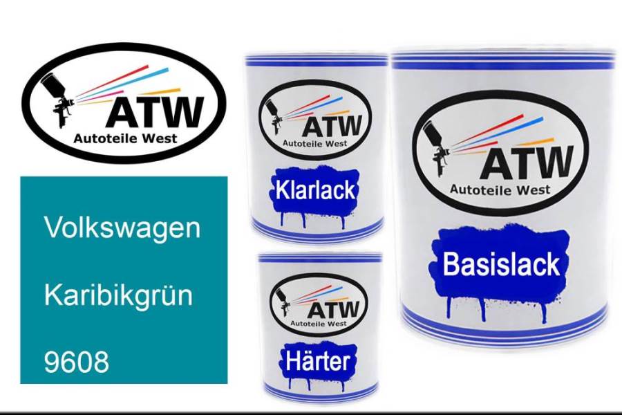 Volkswagen, Karibikgrün, 9608: 1L Lackdose + 1L Klarlack + 500ml Härter - Set, von ATW Autoteile West.