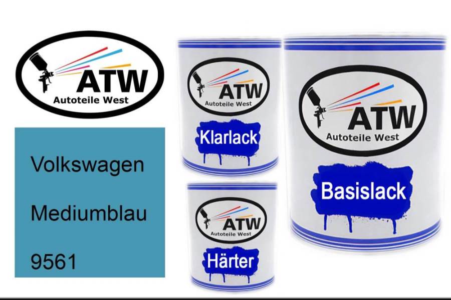 Volkswagen, Mediumblau, 9561: 1L Lackdose + 1L Klarlack + 500ml Härter - Set, von ATW Autoteile West.