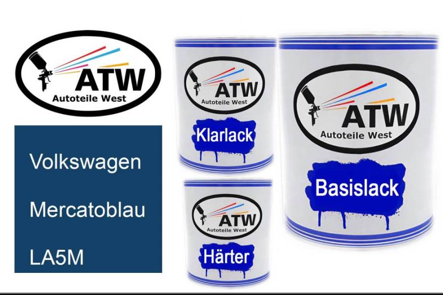 Volkswagen, Mercatoblau, LA5M: 1L Lackdose + 1L Klarlack + 500ml Härter - Set, von ATW Autoteile West.