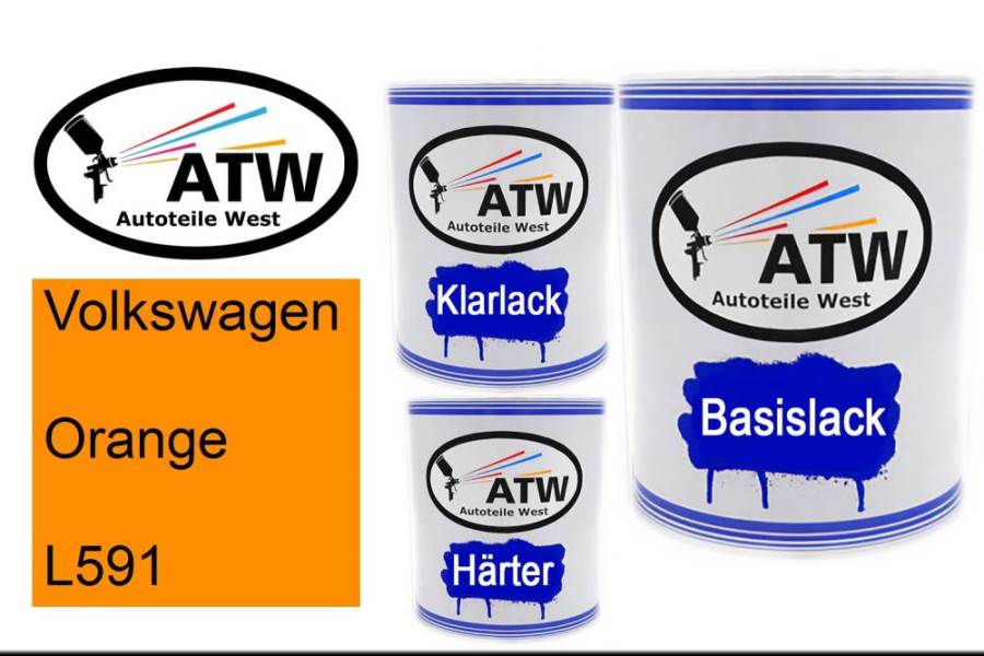 Volkswagen, Orange, L591: 1L Lackdose + 1L Klarlack + 500ml Härter - Set, von ATW Autoteile West.