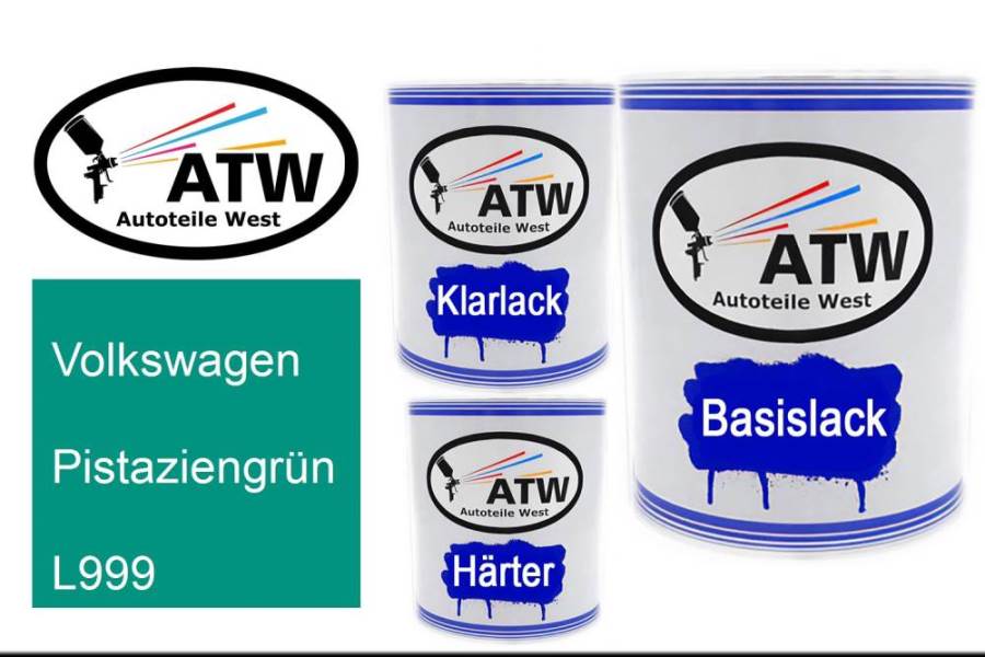 Volkswagen, Pistaziengrün, L999: 1L Lackdose + 1L Klarlack + 500ml Härter - Set, von ATW Autoteile West.