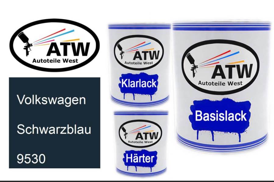 Volkswagen, Schwarzblau, 9530: 1L Lackdose + 1L Klarlack + 500ml Härter - Set, von ATW Autoteile West.