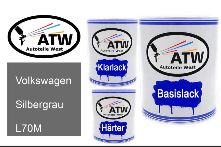 Volkswagen, Silbergrau, L70M: 1L Lackdose + 1L Klarlack + 500ml Härter - Set, von ATW Autoteile West.