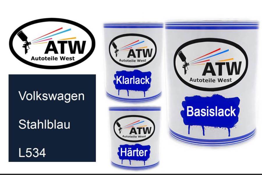 Volkswagen, Stahlblau, L534: 1L Lackdose + 1L Klarlack + 500ml Härter - Set, von ATW Autoteile West.