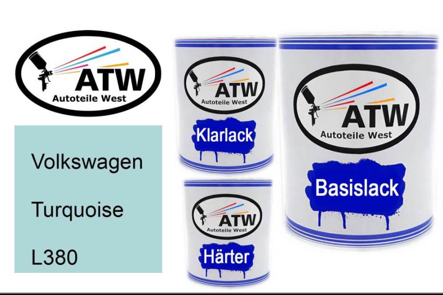 Volkswagen, Turquoise, L380: 1L Lackdose + 1L Klarlack + 500ml Härter - Set, von ATW Autoteile West.