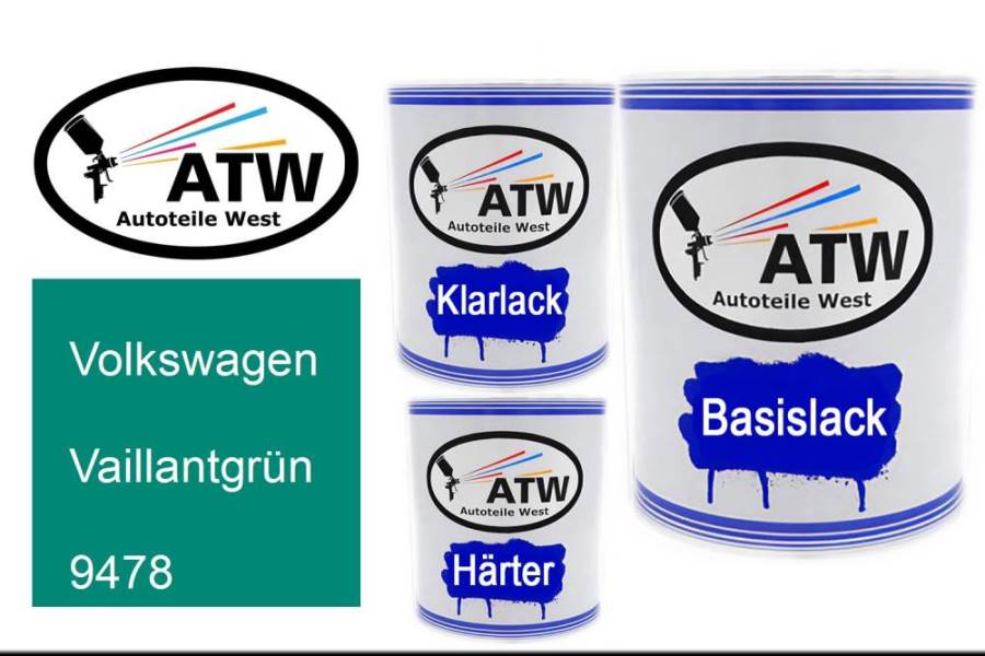 Volkswagen, Vaillantgrün, 9478: 1L Lackdose + 1L Klarlack + 500ml Härter - Set, von ATW Autoteile West.