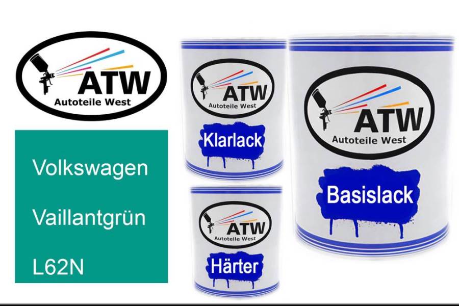 Volkswagen, Vaillantgrün, L62N: 1L Lackdose + 1L Klarlack + 500ml Härter - Set, von ATW Autoteile West.