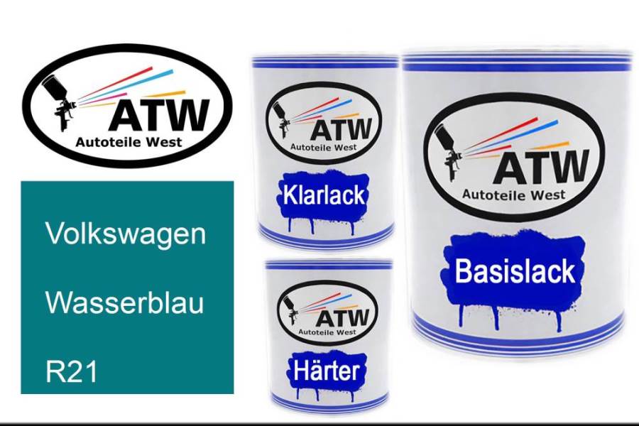 Volkswagen, Wasserblau, R21: 1L Lackdose + 1L Klarlack + 500ml Härter - Set, von ATW Autoteile West.