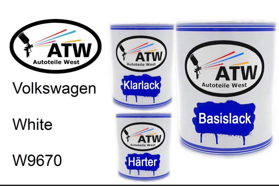 Volkswagen, White, W9670: 1L Lackdose + 1L Klarlack + 500ml Härter - Set, von ATW Autoteile West.