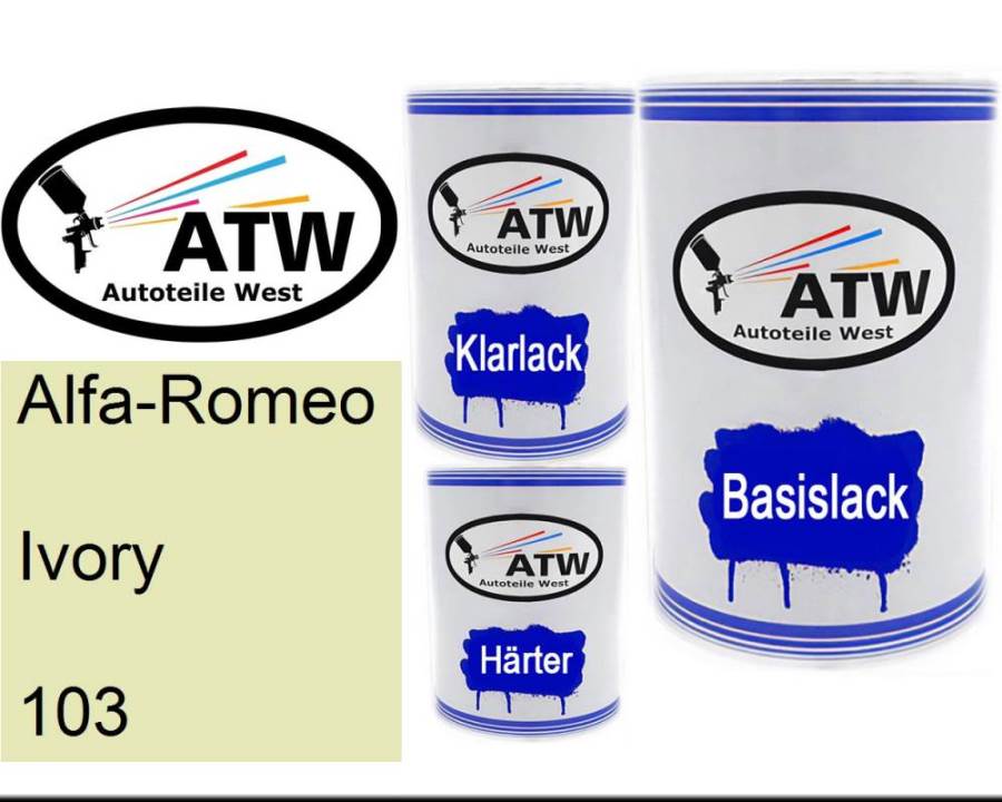 Alfa-Romeo, Ivory, 103: 500ml Lackdose + 500ml Klarlack + 250ml Härter - Set, von ATW Autoteile West.