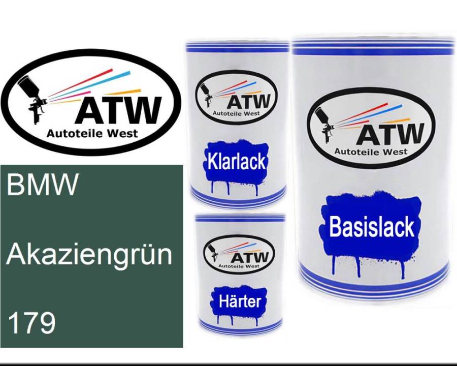 BMW, Akaziengrün, 179: 500ml Lackdose + 500ml Klarlack + 250ml Härter - Set, von ATW Autoteile West.