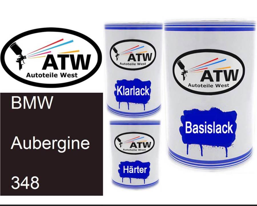 BMW, Aubergine, 348: 500ml Lackdose + 500ml Klarlack + 250ml Härter - Set, von ATW Autoteile West.