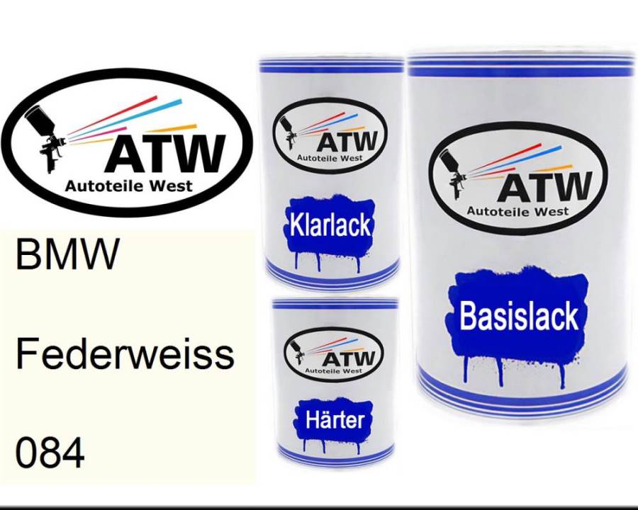 BMW, Federweiss, 084: 500ml Lackdose + 500ml Klarlack + 250ml Härter - Set, von ATW Autoteile West.
