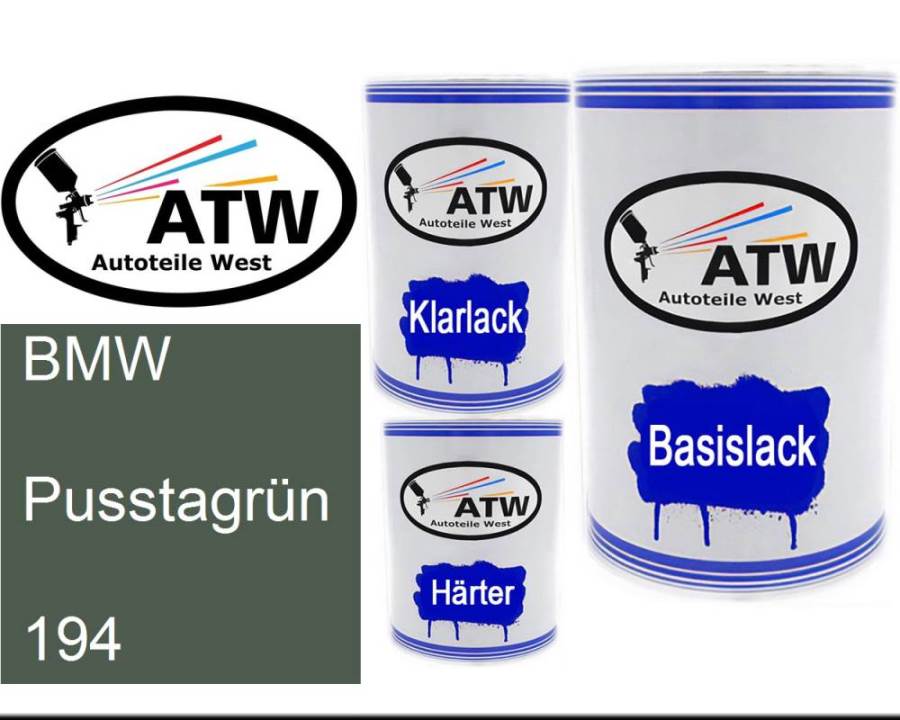 BMW, Pusstagrün, 194: 500ml Lackdose + 500ml Klarlack + 250ml Härter - Set, von ATW Autoteile West.