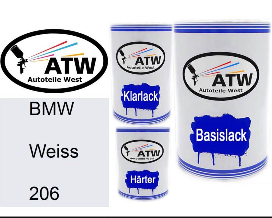 BMW, Weiss, 206: 500ml Lackdose + 500ml Klarlack + 250ml Härter - Set, von ATW Autoteile West.