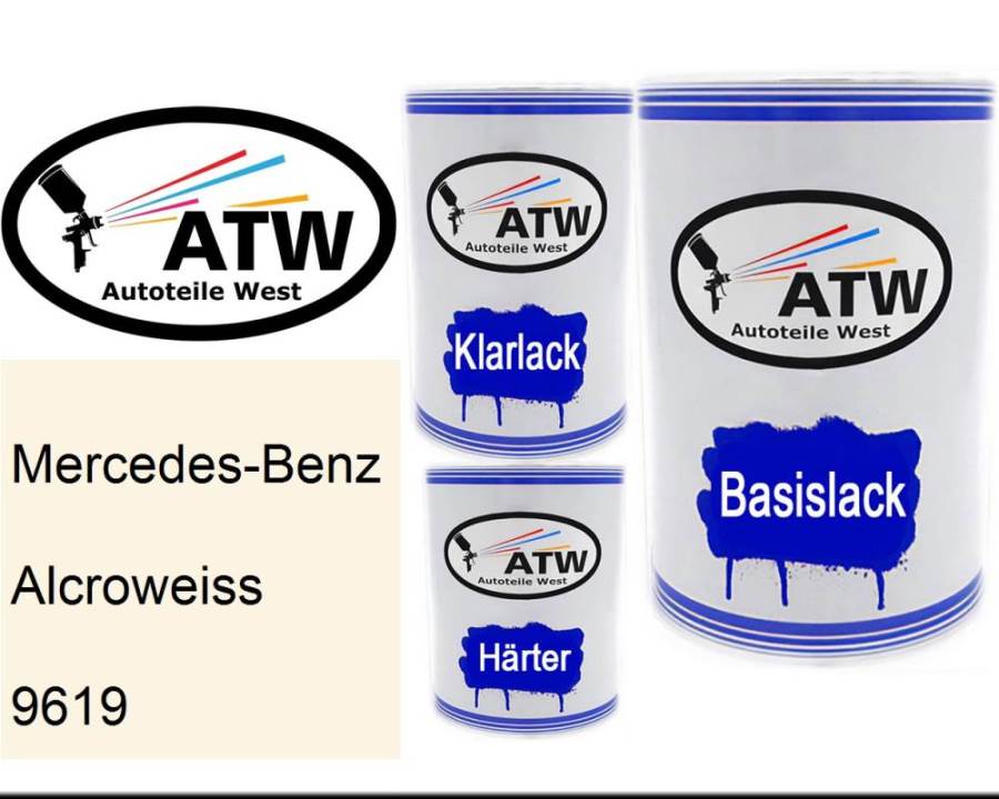 Mercedes-Benz, Alcroweiss, 9619: 500ml Lackdose + 500ml Klarlack + 250ml Härter - Set, von ATW Autoteile West.