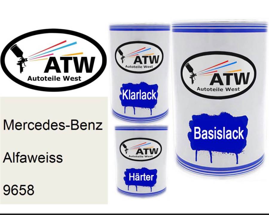 Mercedes-Benz, Alfaweiss, 9658: 500ml Lackdose + 500ml Klarlack + 250ml Härter - Set, von ATW Autoteile West.