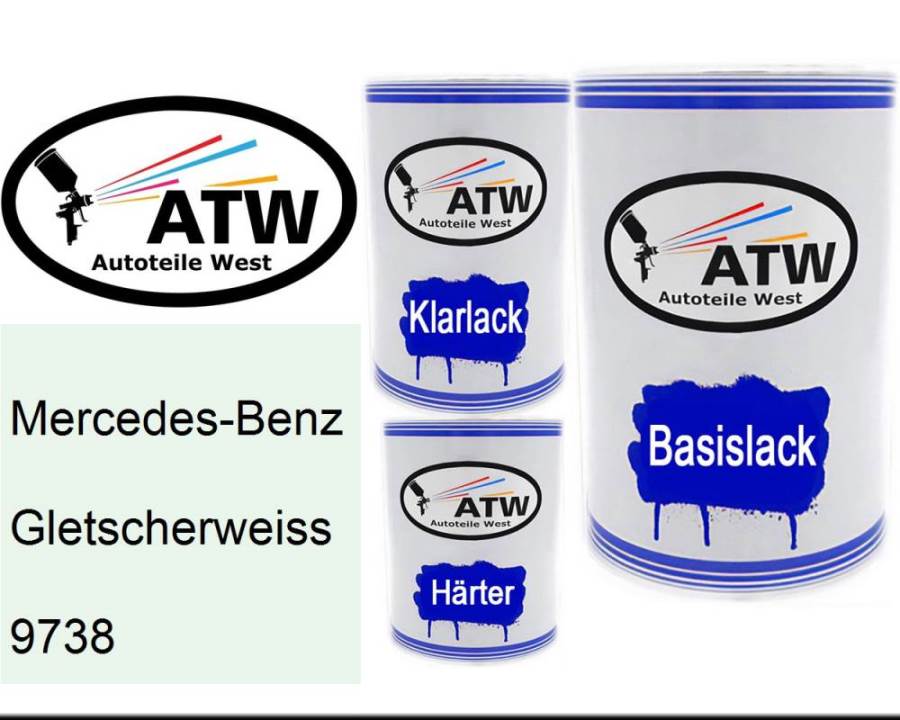 Mercedes-Benz, Gletscherweiss, 9738: 500ml Lackdose + 500ml Klarlack + 250ml Härter - Set, von ATW Autoteile West.