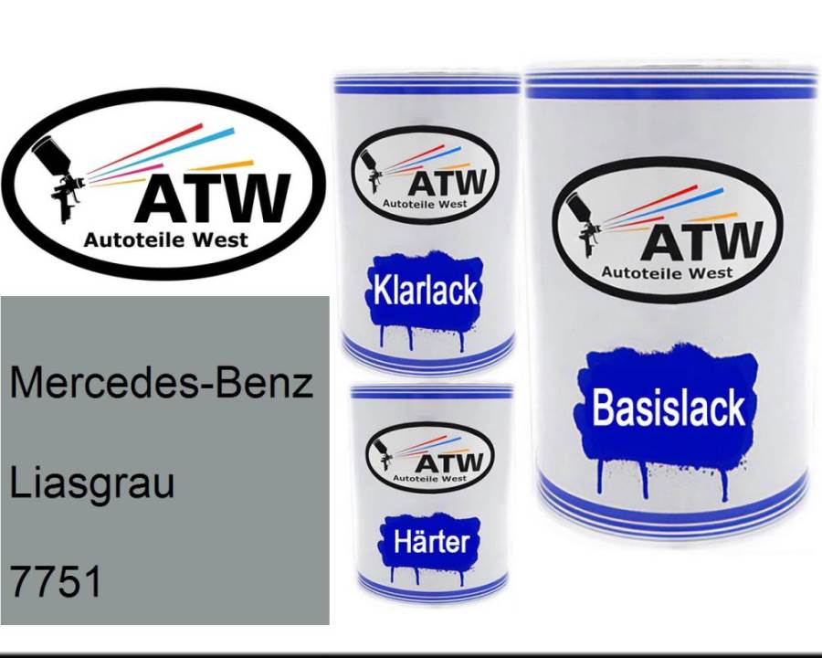 Mercedes-Benz, Liasgrau, 7751: 500ml Lackdose + 500ml Klarlack + 250ml Härter - Set, von ATW Autoteile West.