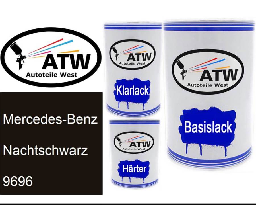 Mercedes-Benz, Nachtschwarz, 9696: 500ml Lackdose + 500ml Klarlack + 250ml Härter - Set, von ATW Autoteile West.