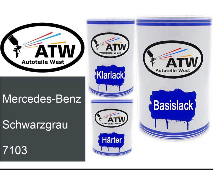 Mercedes-Benz, Schwarzgrau, 7103: 500ml Lackdose + 500ml Klarlack + 250ml Härter - Set, von ATW Autoteile West.