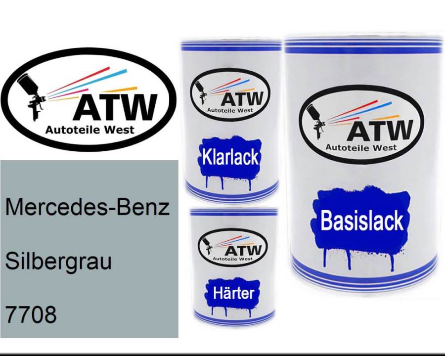 Mercedes-Benz, Silbergrau, 7708: 500ml Lackdose + 500ml Klarlack + 250ml Härter - Set, von ATW Autoteile West.
