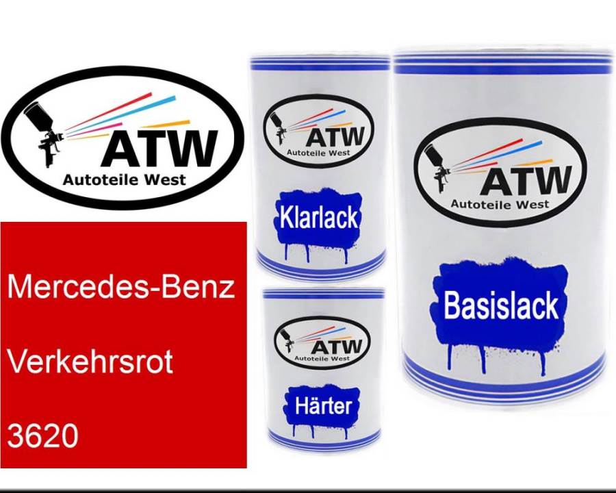 Mercedes-Benz, Verkehrsrot, 3620: 500ml Lackdose + 500ml Klarlack + 250ml Härter - Set, von ATW Autoteile West.